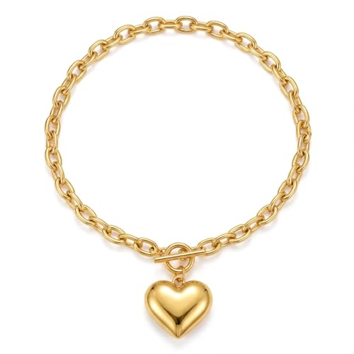 18K Gold Plated Chunky Link Chain Heart Pendant Jewelry for Women, Fashion Statement Accessory, Birthday Gift for Her - color: Gold-Necklace