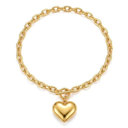 18K Gold Plated Chunky Link Chain Heart Pendant Jewelry for Women, Fashion Statement Accessory, Birthday Gift for Her - color: Gold-Necklace