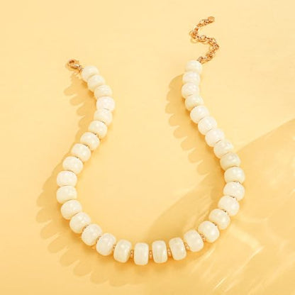 Beaded necklace for Women Boho Bead Gemstone Chunky Necklace Big Bead Necklace Fashion Trendy Summer Necklaces Jewelry Gifts - color: White Beaded