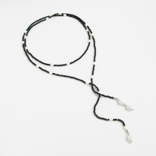 Long Black Beaded Necklace for Women Trendy Gold Beads Slip Tie Pearl Wrap Necklace Layered Silver Lariat Necklaces with Pearl Drop Y Statement Necklaces Versatile Elegant Jewelry - color: Black