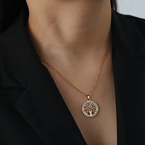 Dreamtimes Tree of Life Necklace for Women Stainless Steel Gold Color Clear Zircon Round Pendant Neck Chains Family Tree Fashion Charm Luxury Jewelry Wedding Gift - color: GOLD