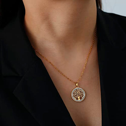 Dreamtimes Tree of Life Necklace for Women Stainless Steel Gold Color Clear Zircon Round Pendant Neck Chains Family Tree Fashion Charm Luxury Jewelry Wedding Gift - color: GOLD