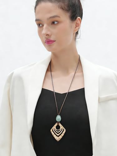 GelConnie Leather Necklace for Women Round Wooden Pendant Long Leather Choker Vintage Sweater Necklace Gold Chunky Boho Necklaces for Women - style: Chunky Boho Pendant Necklace