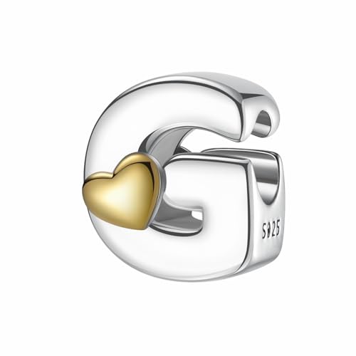A~Z Alphabet Charm Letter Beads 925 Sterling Silver with Heart-shaped 5A Cubic Zircon Stones fits Pandora European Bracelets Necklace Jewelry Gift for Women - style: G Letter Charms