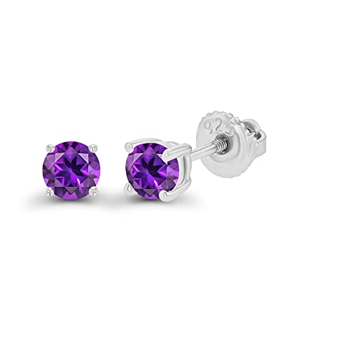14K Gold Plated 925 Sterling Silver Hypoallergenic 4mm Round Genuine Birthstone Solitaire Screwback Stud Earrings - color: Amethyst