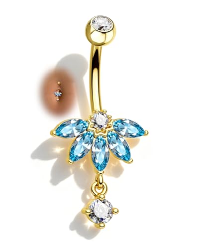 Lotus Belly Button Rings, 14G Dangle Belly Navel Rings for Women, Stainless Steel Belly Navel Piercing Jewelry - color: YGBL-10MM