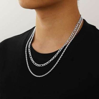 Layered Stainless Steel Chain Necklaces for Men Boys, 2Pcs Cuban Link/Rope/Herringbone Chains Jewelry Gifts, 16 "/18 ", 18 "/20 ", 20 "/22 ", 22 "/24 " - color: Silver, size: 16IN/18IN, style: Figaro/ Rope Chain Set
