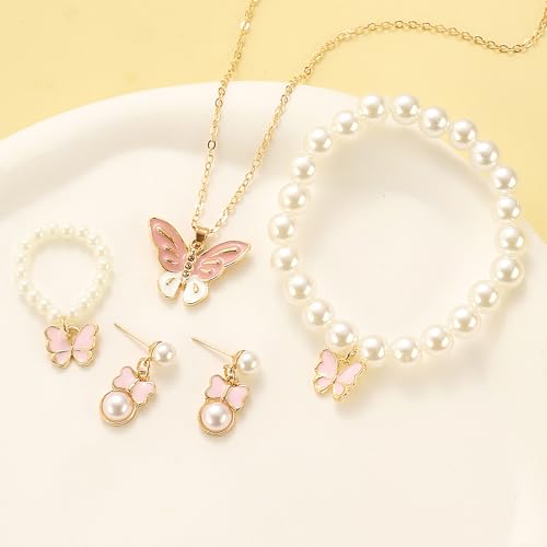GIGB PBDK 4pcs Pearl Necklace Jewelry Set for Women Fashion Adjustable Bead Butterfly Pendant Choker Minimalist Pearl Earrings Bracelet Y2K Jewelry Gifts