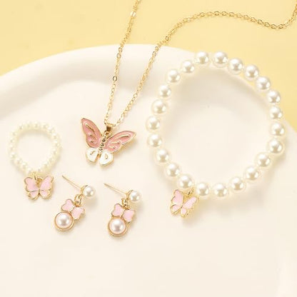 GIGB PBDK 4pcs Pearl Necklace Jewelry Set for Women Fashion Adjustable Bead Butterfly Pendant Choker Minimalist Pearl Earrings Bracelet Y2K Jewelry Gifts