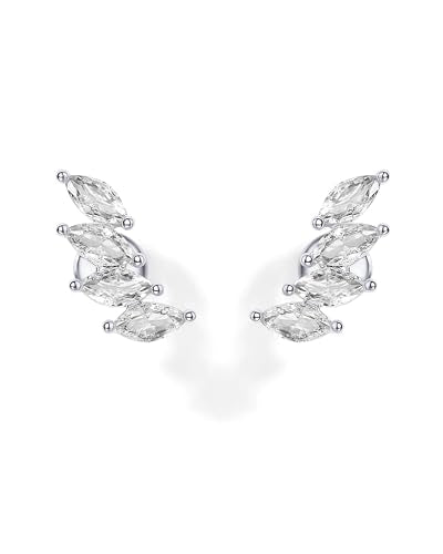 PAVOI 14K Gold Plated Navette CZ Crawler Stud Flat Back Earrings for Women | Hypoallergenic Earrings with 925 Sterling Silver Posts, Small Cartilage Cubic Zirconia Stud Earring, Helix Piercing Jewelry - color: White Gold