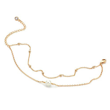 MEVECCO Dainty Chain Bracelets for Women, Layered and Charm Styles | 14K Gold Plated Brass, Select Cubic Zirconia Accents, Single and Multi-Row Structures for Refined Everyday Wristwear - style: 2 Layer 1 Pearl Bead Chain