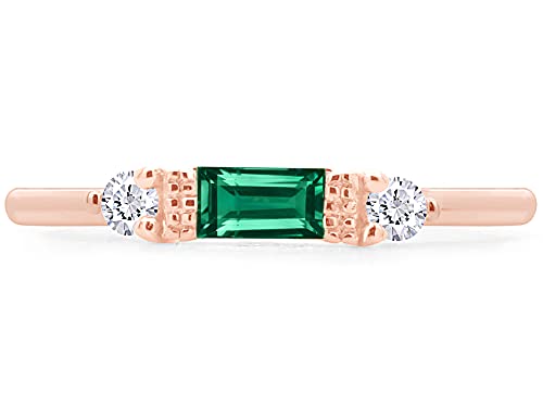 3 Stone Stackable Ring for Women with Birthstone And White Cubic Zircionia | Dainty Minimalist Ring In 14K Gold Over Sterling Silver - color: Rose Gold : Simulated Emerald
