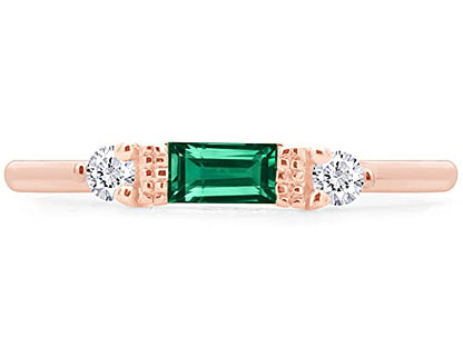 3 Stone Stackable Ring for Women with Birthstone And White Cubic Zircionia | Dainty Minimalist Ring In 14K Gold Over Sterling Silver - color: Rose Gold : Simulated Emerald