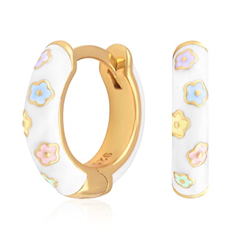 14K Gold Plated Sterling Silver Enamel Color Huggie Hoop Earrings for Women – Wide Range of Vibrant Color Options Available - color: White ( Multi Color Flower Pattern )