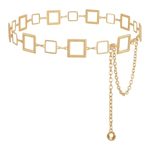 WHIPPY Metal Waist Chain Belt Women Adjustable Body Link Belts Ladies Fashion Chain for Jeans Dress - color: Gold, size: S: Fit for Waist up to 28", style: D Square