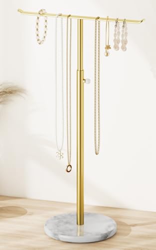 Gold Necklace Holder,Adjustable T-Bar Jewelry Stand with White Marble Base | Elegant Marble Base,Adjustable Height T-Bar Design,Minimalist Jewelry Display,for Bedroom and Dresser,Necklace Organizer - color: Gold & White