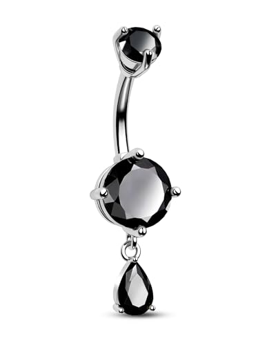 Belly Button Ring Dangle Belly Rings 316L Surgical Steel Belly Button Piercing Jewelry Teardrop Navel Ring for Women - color: Silver-Black CZ-10mm