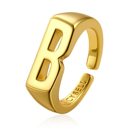 Cicy Bell Initial Rings for Women 18k Gold Plated Adjustable Rings | Open Signet Rings, Bold Letter, Personalized Engraved, For Party - color: Initial-B