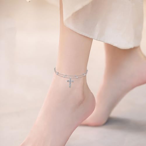 LUHE Cross Ankle Bracelets Sterling Silver Religius Double Chain Anklets Christian Baptism Layered Anklet Jewelry Gifts for Women - style: Filigree cross anklet