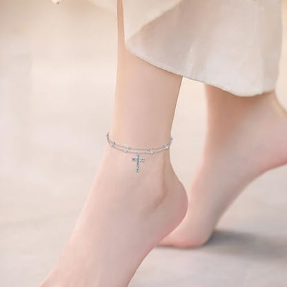LUHE Cross Ankle Bracelets Sterling Silver Religius Double Chain Anklets Christian Baptism Layered Anklet Jewelry Gifts for Women - style: Filigree cross anklet
