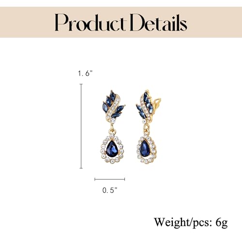EleQueen Women's Austrian Crystal Art Deco Tear Drop Dangle Earrings Clip-on - color: 01-Gold-tone Blue Color