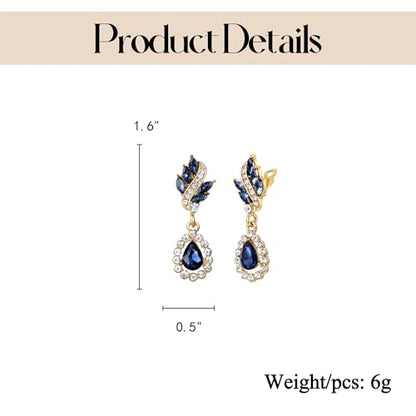 EleQueen Women's Austrian Crystal Art Deco Tear Drop Dangle Earrings Clip-on - color: 01-Gold-tone Blue Color