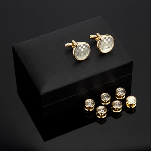 wynameleri Mens Tuxedo Shirt Button and Cuff Links Set, Classic Shirts Cufflink Studs, Formal Business Wedding Jewelry - color: Checkered-Gold