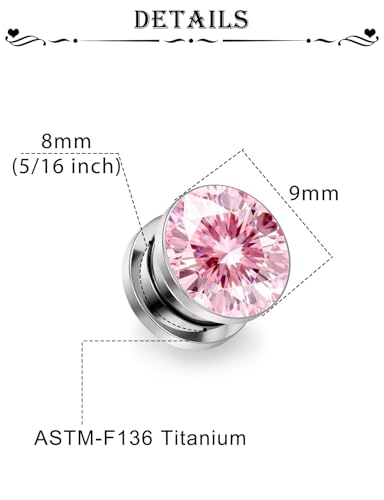 Astm F136 Titanium CZ Ear Gauges Screw Fit Flesh Tunnels Plugs Gauges Earring Expander Stretcher Ear Tunnels For Ears 10G 8G 6G 4G 2G 0G 00G Plug Earrings Body Piercing Jewelry For Women Men - color: 0G Gauges,Pink CZ