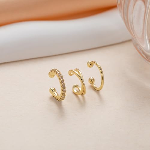 OOOPEL 3 Pairs 14K Gold Plated Ear Cuffs Non Piercing Lightweight Stackable Chunky Earring Cuff for Women Adjustable Non-Fading Fake Earrings Suitable for Christmas Gift - style: Thin