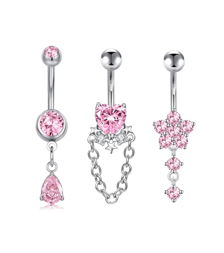 QWALIT Belly Button Rings 14G Surgical Steel Belly Rings CZ Opal Navel Piercing Jewelry for Women Girls 3/8" 10mm Silver Rose Gold - color: E2- dangle 3pcs- silver pink