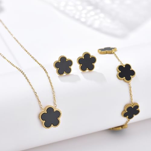 Clover Neckalce Earring Set for Women 14K Gold Plated Stainless Steel Four Leaf Clover Jewelry Set - color: G-Black
