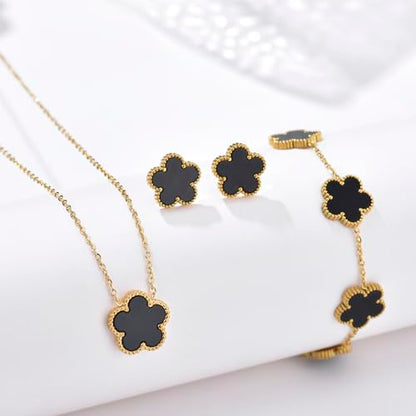 Clover Neckalce Earring Set for Women 14K Gold Plated Stainless Steel Four Leaf Clover Jewelry Set - color: G-Black
