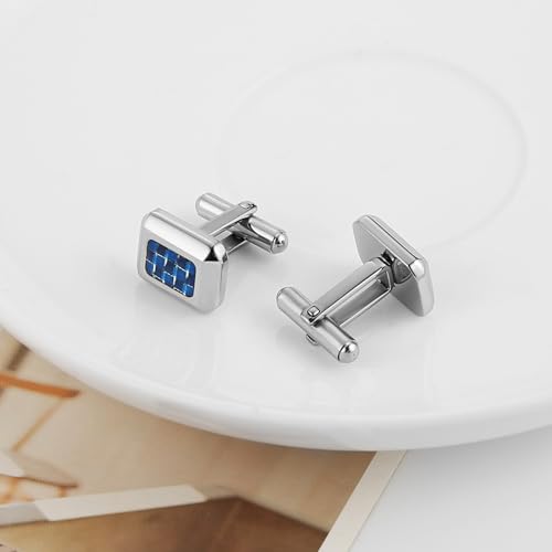 HZMAN Rectangle Carbon Fiber Cufflinks for Men, Stainless Steel High Polished Formal Cuff Links with Carbon Fiber Inlay, Dress Shirt Accessories for Wedding Business Party - style: Silver