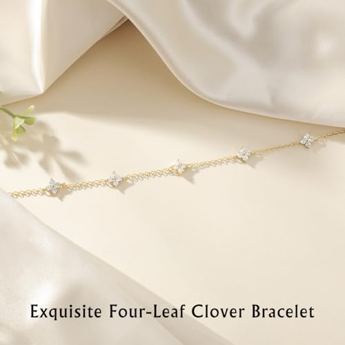 Emibele Gold Bracelets for Women, 18K Gold Plated Hand Chain, Cubic Zirconia Stainless Steel Non Tarnish Hand Chain Bracelet with Finger Ring, Adjustable Trendy Jewelry Valentines Day Gifts for Women - style: Four Leaf B