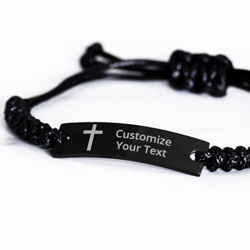 Personalized Christian Bible Verses Black Rope Bracelet Inspirational Scripture ID Cross Religious Quote Faith God Engraved Adjustable Customized Gifts for Men Women Kiss Him Husband Father Bois - style: Personalized (Cross+Text)