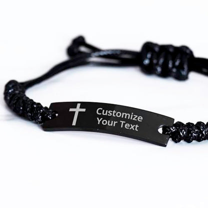 Personalized Christian Bible Verses Black Rope Bracelet Inspirational Scripture ID Cross Religious Quote Faith God Engraved Adjustable Customized Gifts for Men Women Kiss Him Husband Father Bois - style: Personalized (Cross+Text)