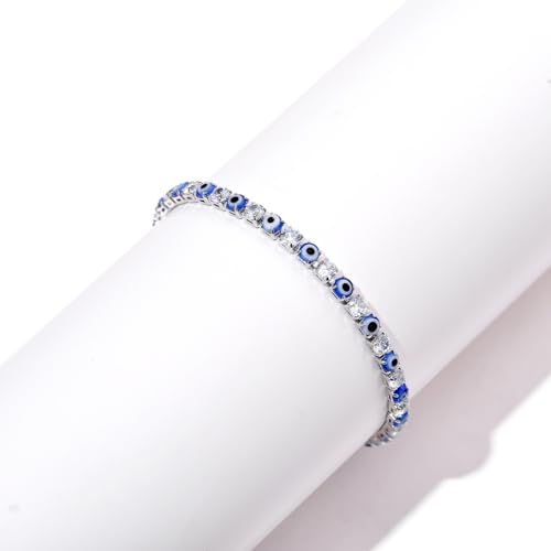 Evil Eye Bracelets for Women 18K Gold and Silver Filled with 4MM Cubic Zirconia Tennis Bracelet Evil Eye Jewelry - color: White Gold