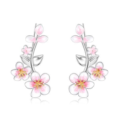 Ear Climbers Earrings for Women Sterling Silver Vintage Ear Crawler Earrings Jewelry Gifts for Women - style: Cherry Blossom