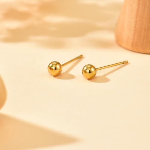 Dainty Stud Earrings for Women 18K Gold Plated Tiny Ball Stud Earrings Minimalist Bead Studs for Women - size: Ball 4MM