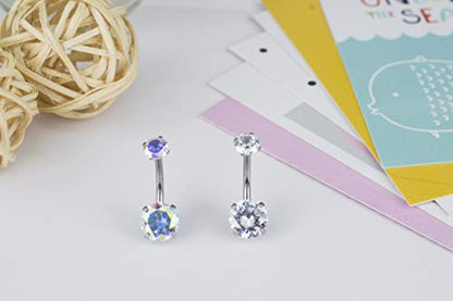 HQLA 14G Belly Button Rings Surgical Stainless Steel Round Cubic Zirconia Navel Barbell Stud Body Piercing - color: Clear + AB Colour