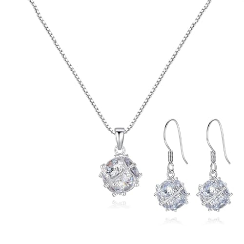 Dainty Solitaire Necklaces Stud Earrings Set For Women,White Gold Plated Simple Prom Jewelry Set Cubic Zirconia Pendant Choker Necklace And Earring Sets Wedding Jewelry For Bridal - color: CZ ball necklace stud set