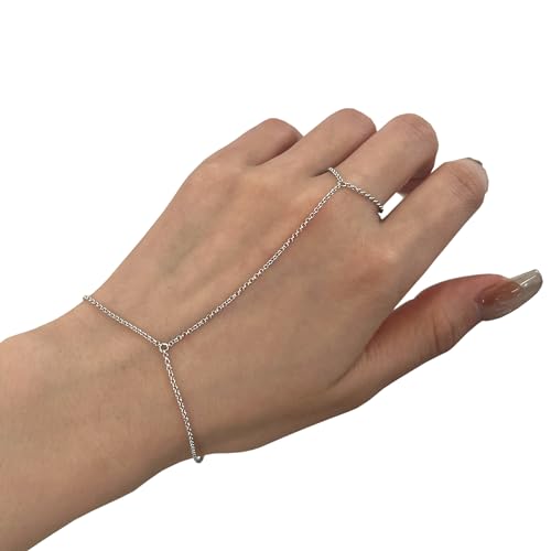Kakikaki 925 Sterling Silver Finger Ring Bracelet Hand Chain for Women | Slave Bracelets 7" to 9" Adjustable - color: Silver, style: No Diamond