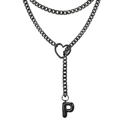 Black Heart Slip Chain Initial Necklaces for Women, Stainless Steel Wrap Choker Necklace, Gothic O-Ring Adjustable Lariat Y Necklaces, Punk Cuban Collar Choker Necklace, Halloween Jewelry Gift - color: Black P
