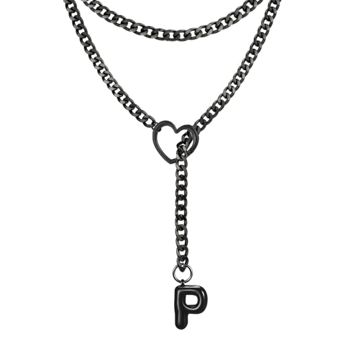 Black Heart Slip Chain Initial Necklaces for Women, Stainless Steel Wrap Choker Necklace, Gothic O-Ring Adjustable Lariat Y Necklaces, Punk Cuban Collar Choker Necklace, Halloween Jewelry Gift - color: Black P