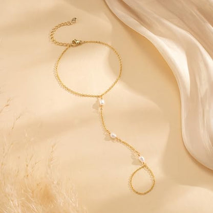 NECOCY 14K Gold Plated Pearl Bracelets for Women, Dainty Bracelets Stack Trendy Pearls Beaded Link Chain Charm Bracelets Set Layered Tiny Wedding Prom Jewelry Gift for Women Mother's Day Graduation - style: Style-7