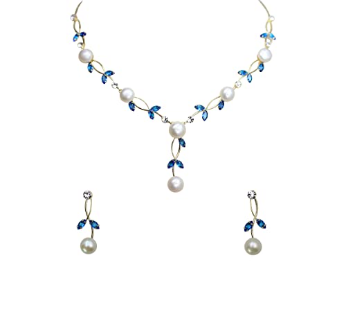 Faship Genuine Freshwater Pearls Floral Necklace Earrings Set | Premium CZ Crystal, Gorgeous, Sparkling - color: Blue / Gold Plated