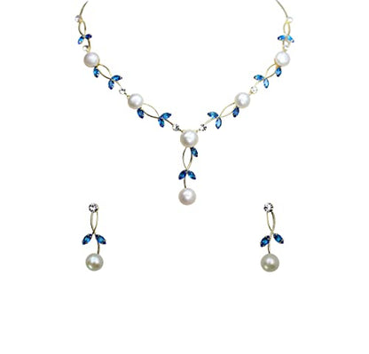 Faship Genuine Freshwater Pearls Floral Necklace Earrings Set | Premium CZ Crystal, Gorgeous, Sparkling - color: Blue / Gold Plated
