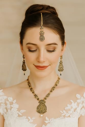 Touchstone Indian jewelry sets for women maang tikka wedding guest gold necklace bollywood jewellery set pageant elegant prom bride accessories western crystal chunky rhinestone necklaces - color: Black in antique gold plating