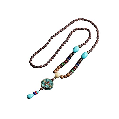 tenghong2021 Wooden Beaded Necklaces Vintage Handmade Nepal Mala Wood Beads Meditation Prayer Necklace Ethnic Long Statement Sweater Chain Necklace - color: D