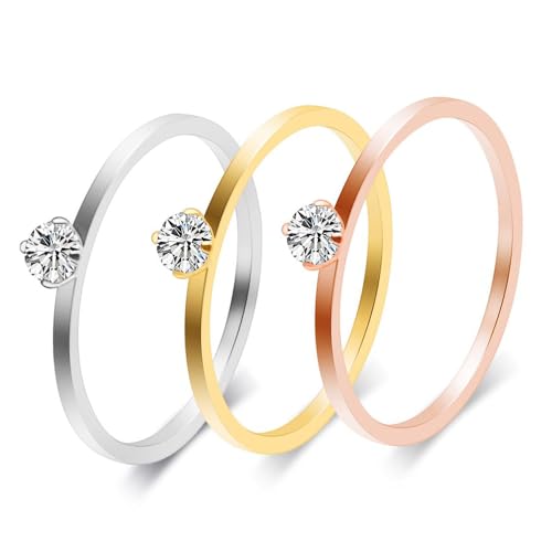 Women Stainless Steel Solitaire Stackable Ring Non Tarnish - color: 1mmGold + Silver + Rose Gold, size: 7
